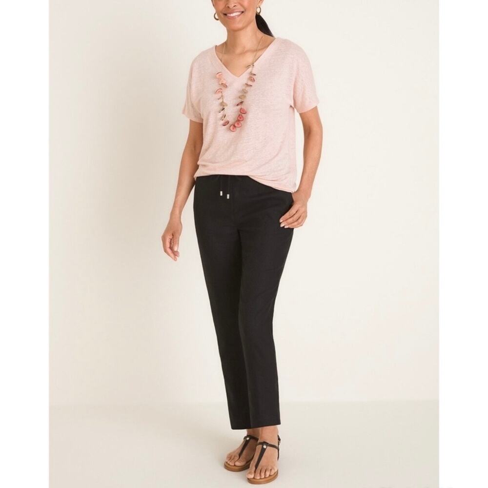 Chico's Women's 3R (US 16R) Black 100% Linen Cropped Pull On Pants Drawstring - Picture 3 of 10